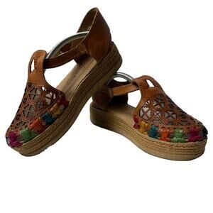Women's Huarachi Mexican Leather Colorful Platform Handmade Closed Toe Buckle
